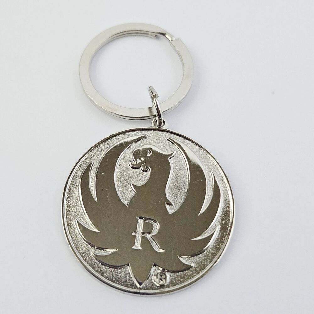 Rugar Firearms Keychain Engraved Silver Tone Metal Bag Charm Keyring Medallion